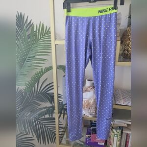Nike Pro Leggings in Periwinkle Blue / Purple and Lime Dots